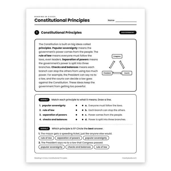 Constitutional Principles worksheet for grade 3