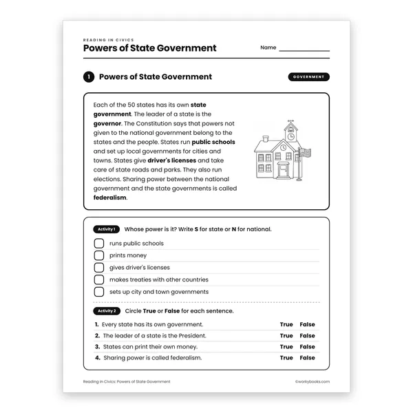 Powers of State Government worksheet for grade 3