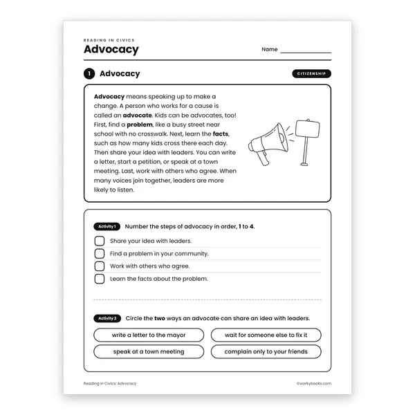 Advocacy worksheet for grade 3