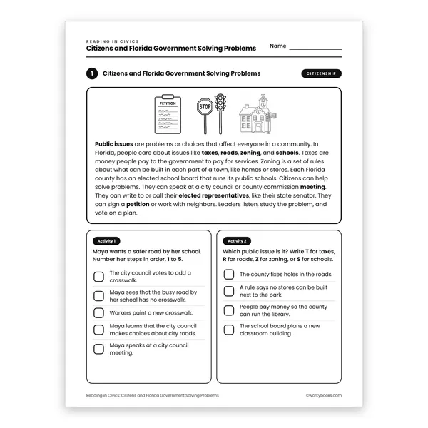 Citizens and Florida Government Solving Problems worksheet for grade 4