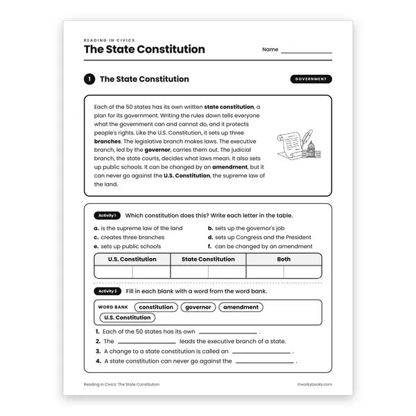 The State Constitution worksheet for grade 4