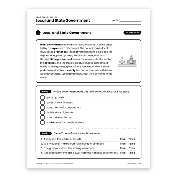 Local and State Government worksheet for grade 4
