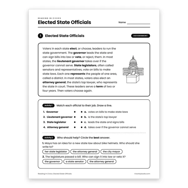 Elected State Officials worksheet for grade 4
