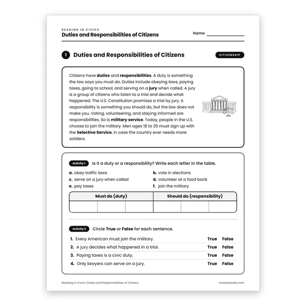 Duties and Responsibilities of Citizens worksheet for grade 4