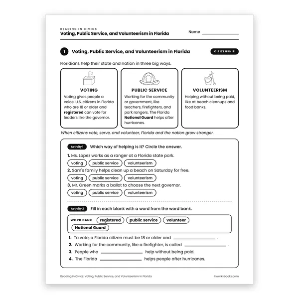 Voting, Public Service, and Volunteerism in Florida worksheet for grade 4