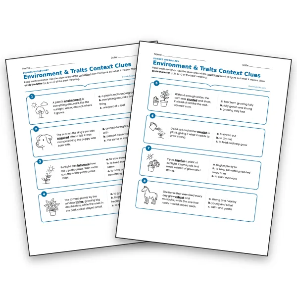 Environment & Traits Context Clues | Science Vocabulary - worksheet educational content
