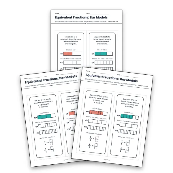Equivalent Fractions: Bar Models - worksheet educational content