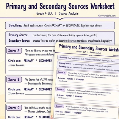 Primary and Secondary Sources  - worksheet educational content