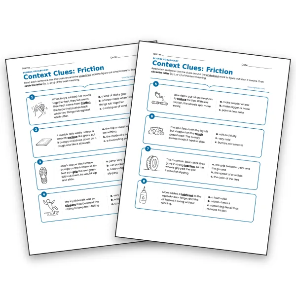 Friction Context Clues | Science Vocabulary - worksheet educational content