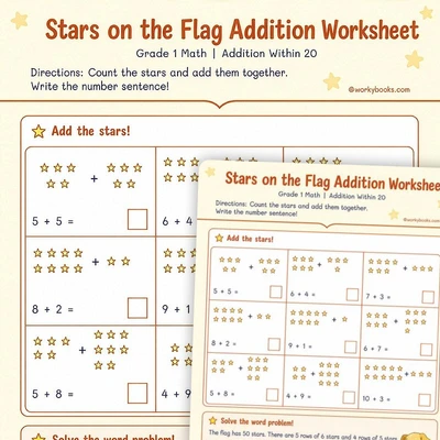 Stars on the Flag Addition - ADDITION WITHIN 20 - worksheet educational content