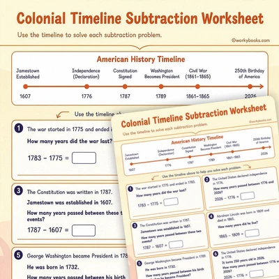 Colonial Timeline Subtraction Worksheet - worksheet educational content