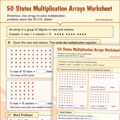 50 States Multiplication Arrays - worksheet educational content