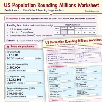 US Population Rounding Millions - worksheet educational content