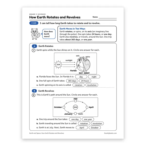 How Earth Rotates and Revolves worksheet for grade 4