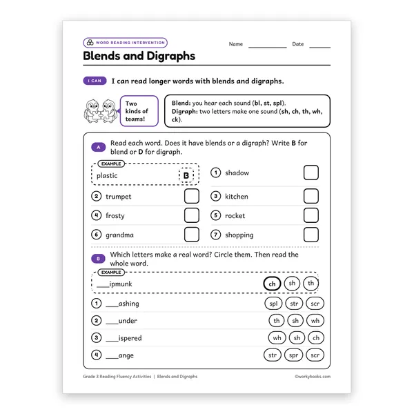 Blends and Digraphs worksheet for grade 3