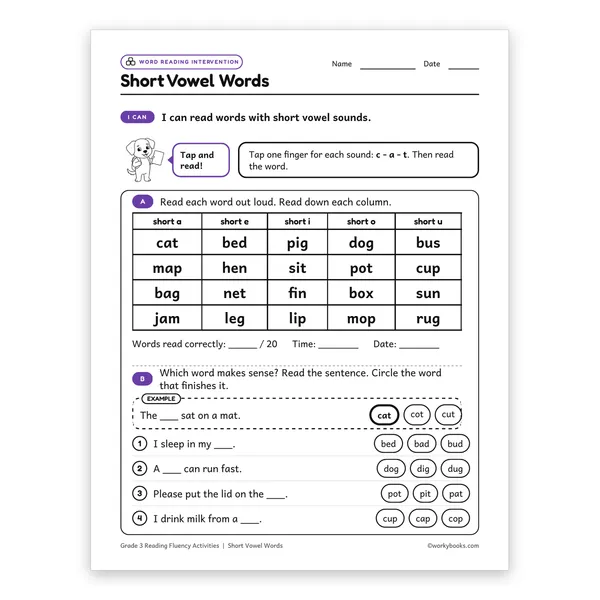 Short Vowel Words worksheet for grade 3