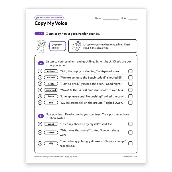 Copy My Voice worksheet for grade 3