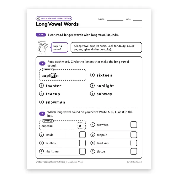 Long Vowel Words worksheet for grade 3