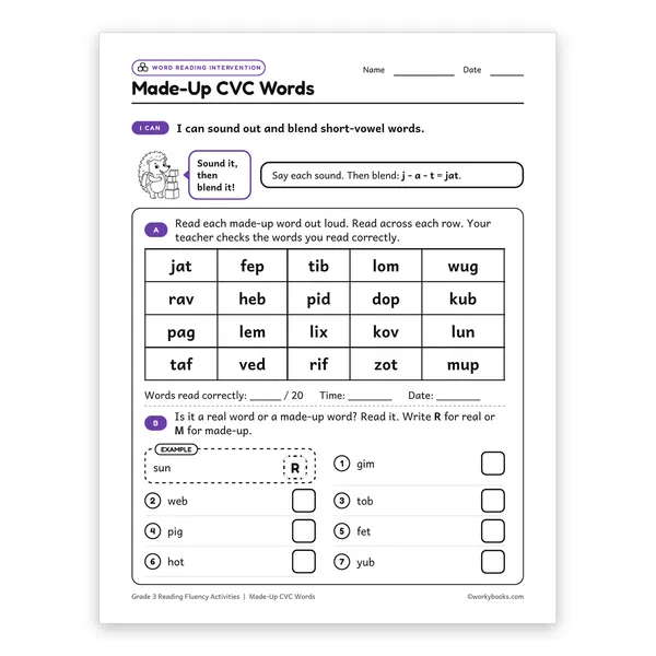 Made-Up CVC Words worksheet for grade 3