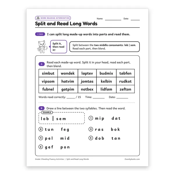 Split and Read Long Words worksheet for grade 3