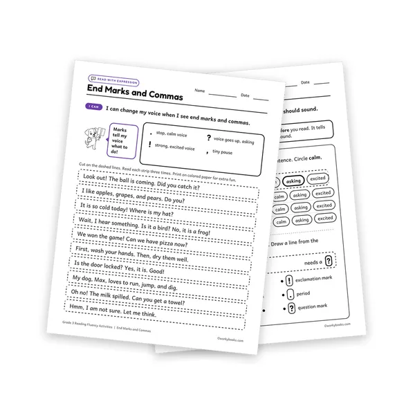 End Marks and Commas worksheet for grade 3