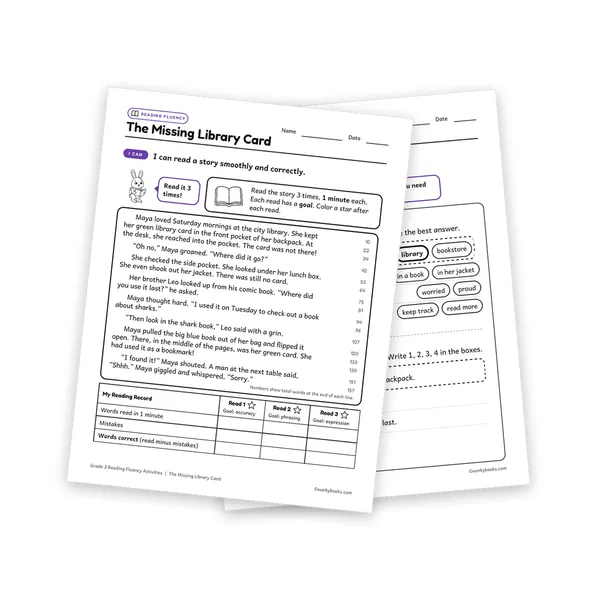 The Missing Library Card worksheet for grade 3
