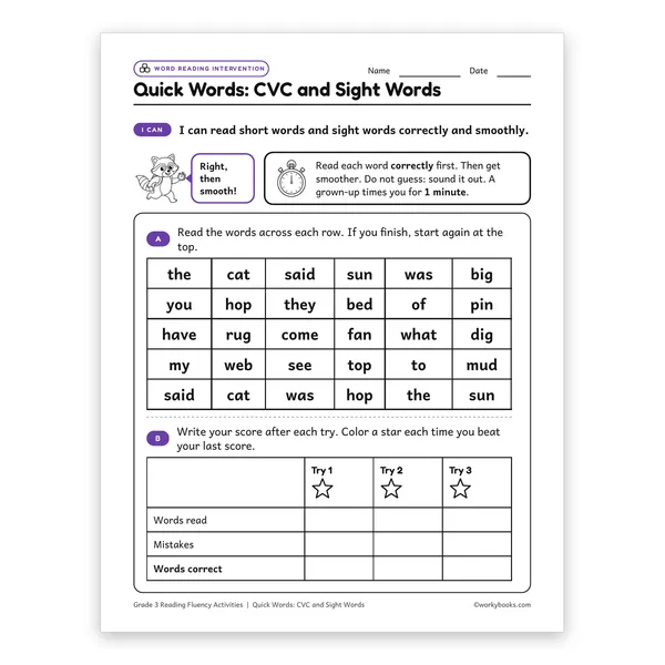Quick Words: CVC and Sight Words worksheet for grade 3
