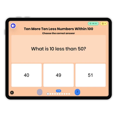 Ten More Ten Less Numbers Within 100 - game educational content