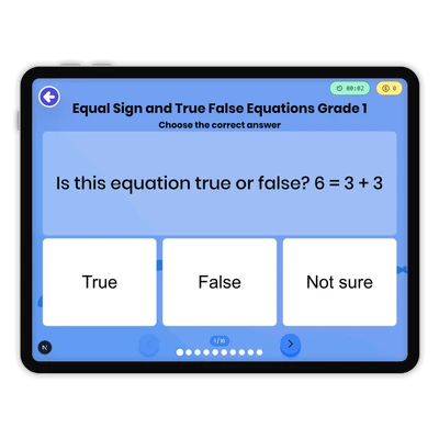 Equal Sign and True False Equations Grade 1 - game educational content