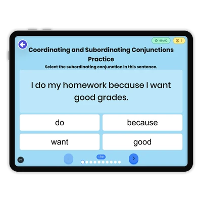 Coordinating and Subordinating Conjunctions Practice - game educational content