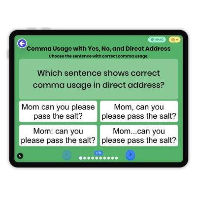 Comma Usage with Yes, No, and Direct Address - game educational content