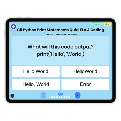 G5 Python Print Statements Quiz | ELA & Coding - game educational content