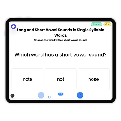 Long and Short Vowel Sounds in Single Syllable Words - game educational content