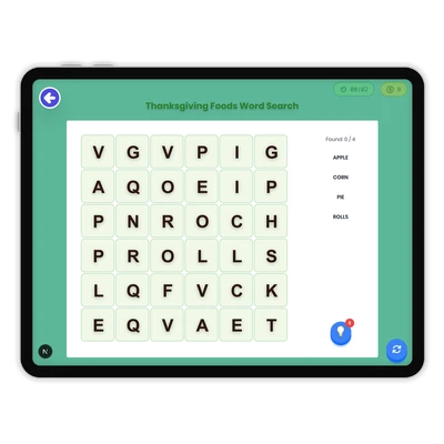 Thanksgiving Food Word Search - game educational content