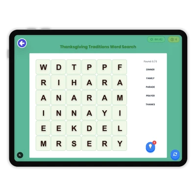 Thanksgiving Traditions Word Search - game educational content