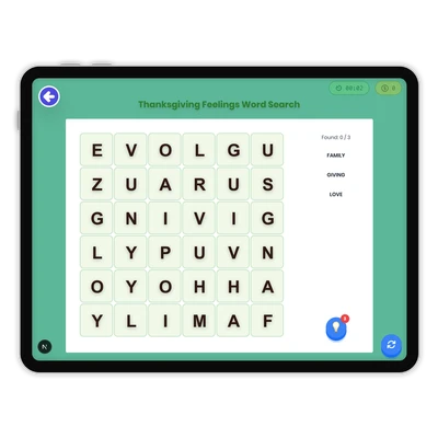Thanksgiving Feelings Word Search - game educational content