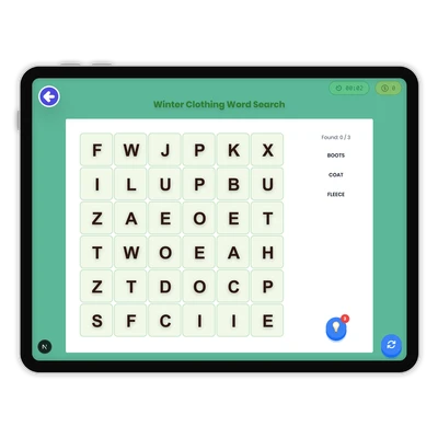 Winter Clothing Word Search - game educational content