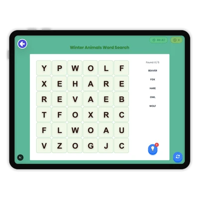 Winter Animals Word Search - game educational content