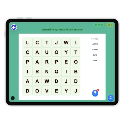 Valentine Symbols Word Search - game educational content