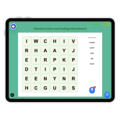 Valentine Colors and Feelings Word Search - game educational content