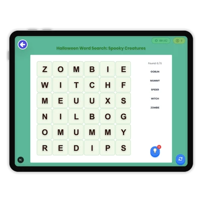 Halloween Word Search: Spooky Creatures - game educational content