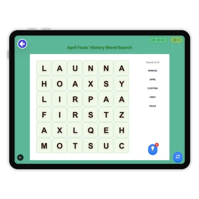 April Fools' History Word Search - game educational content