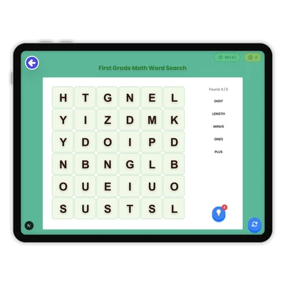 First Grade Math Word Search - game educational content