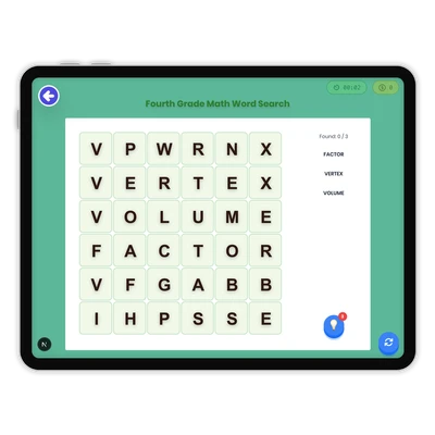 Fourth Grade Math Word Search - game educational content