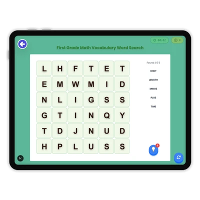 First Grade Math Vocabulary Word Search - game educational content