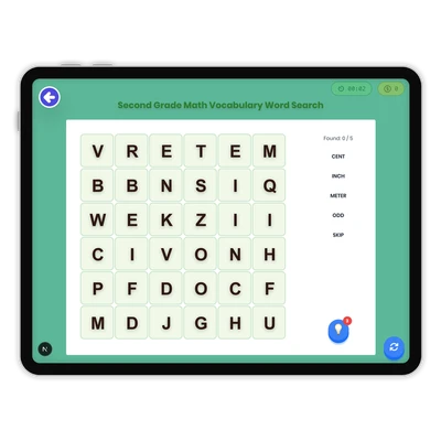 Second Grade Math Vocabulary Word Search - game educational content