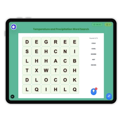 Temperature and Precipitation Word Search - game educational content