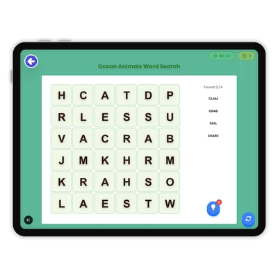 Ocean Animals Word Search - game educational content