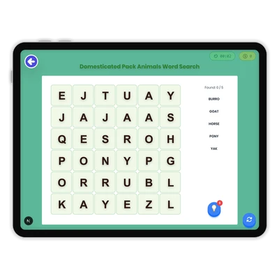 Domesticated Pack Animals Word Search - game educational content