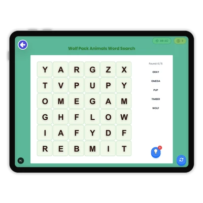 Wolf Pack Animals Word Search - game educational content